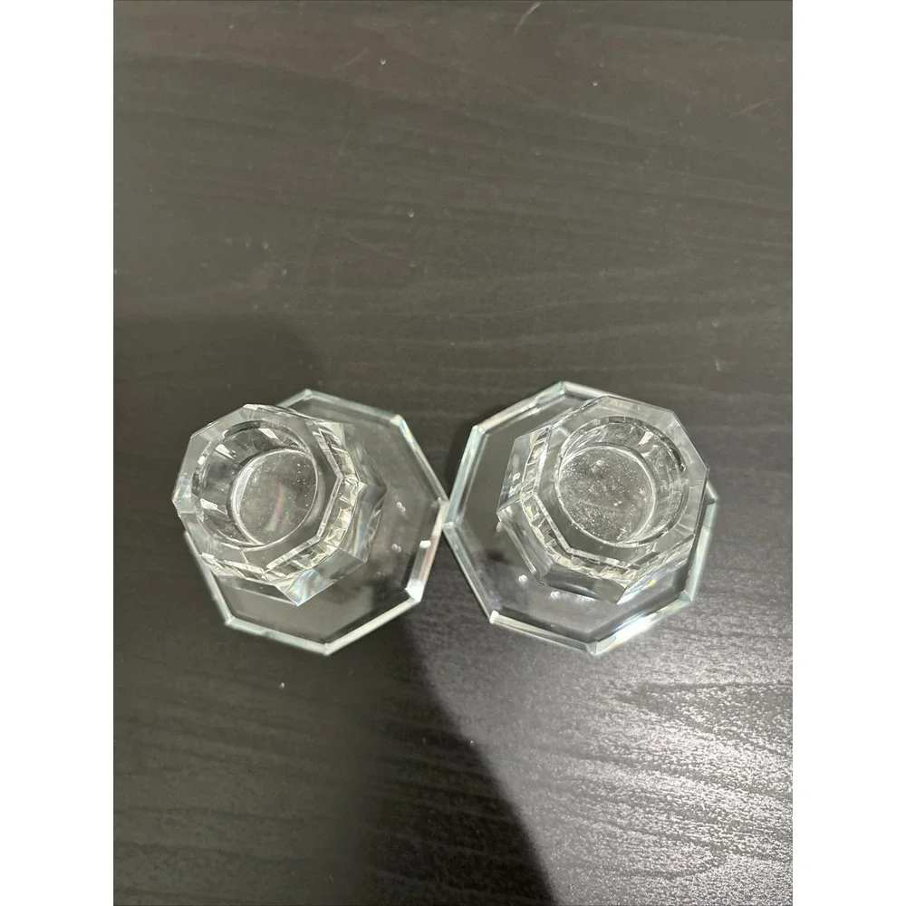 Signed Oleg Cassini Set of 2 Crystal Candle Holders Clear Hexagon